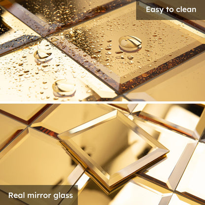 Diflart Peel and Stick Mirror Backsplash, Gold, 3x3 Inch, Beveled Mirror Square Kitchen Bar Wall Tile (2 Sq.ft, 32 Pcs)