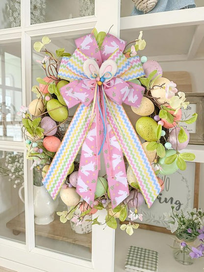 BUVANE Easter Wreath Bows - Large Burlap Bunny Bows for Indoor/Outdoor Holiday Decor | Pink
