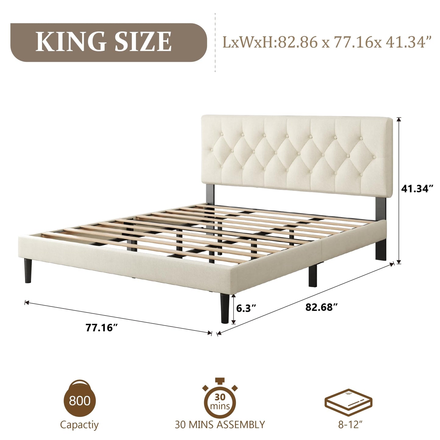 CXVX King Size Bed Frame with Upholstered Headboard, Button Tufted Design, Strong Wooden Slats, No Box Spring Needed, Easy Assembly, Noise Free