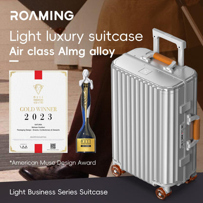 ROAMING 24 Inch Check Luggage Durable All Aluminum Hardshell Suitcase - Zipperless Luggages Airline Approved with 360° Spinner Wheels, TSA Lock, USB Port Smart Organizational Pockets （Silver orange）