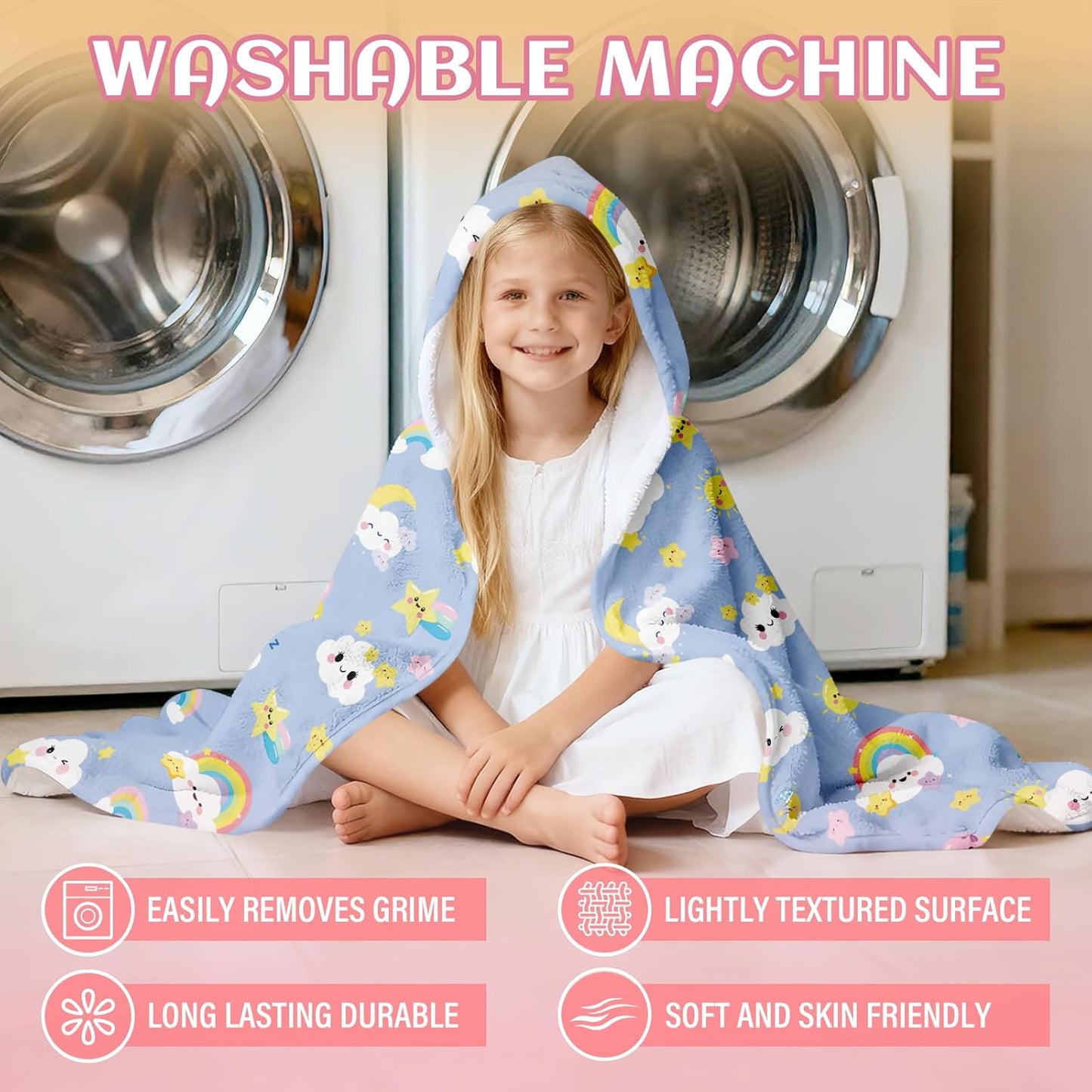 JOPJOLIW 30" 50", Cozy Clouds Hooded Beach Towel for Kids, Blue Sky Hooded Towels for Toddlers X Moon Clouds Stars Warm