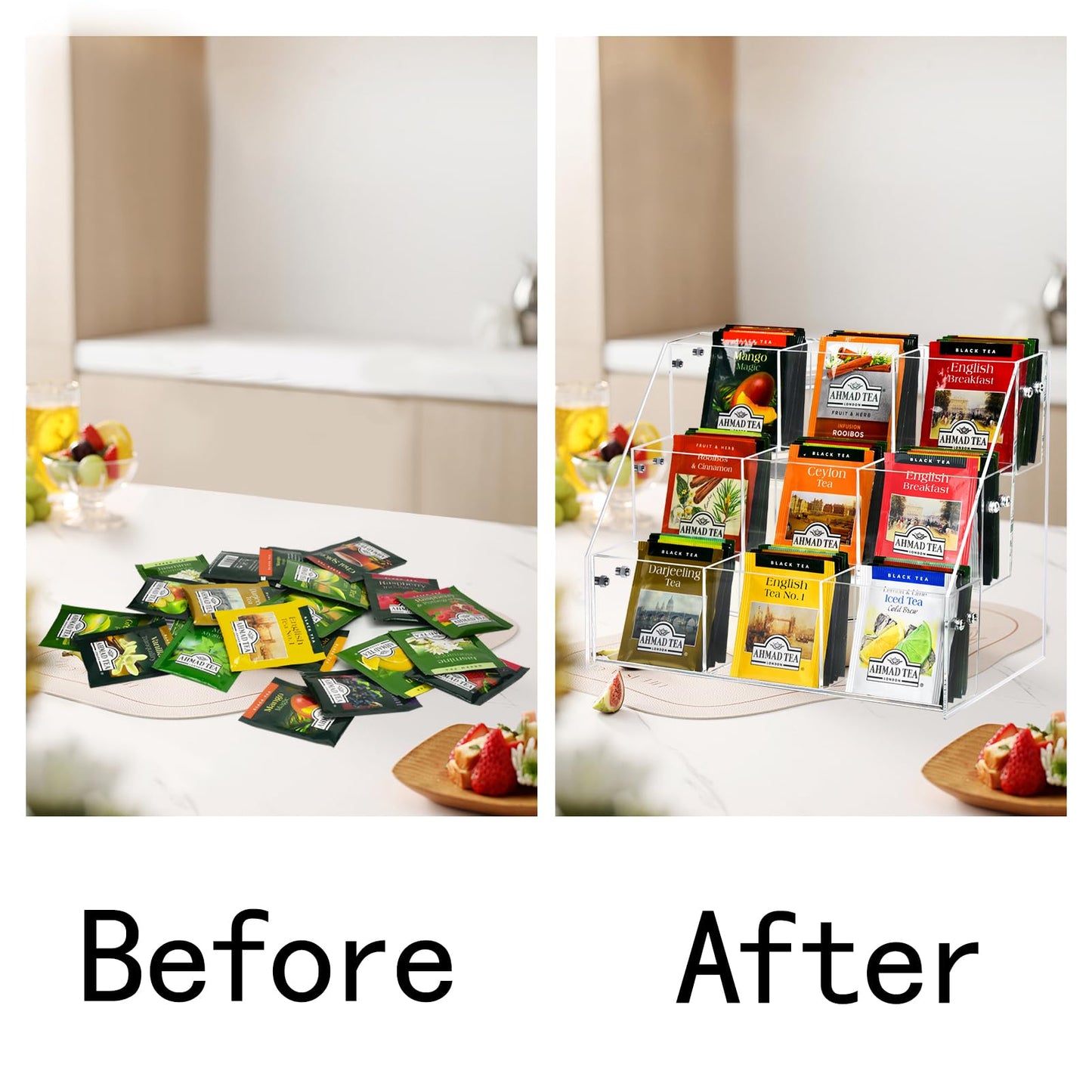 Wuudy Tea Bag Organizer Holder, Acrylic Tea Packets Storage Box Container Display Stand Rack for Counter Cabinet Countertop Kitchen Office, 3 Tier