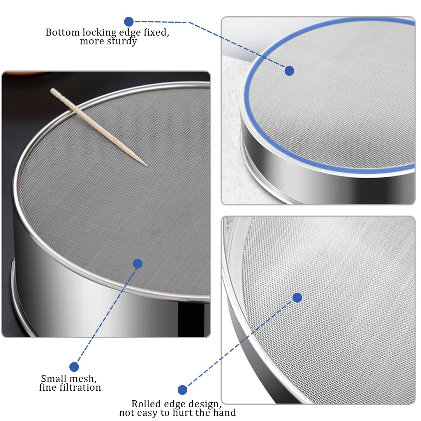 6 Pieces Stainless Steel Flour Sifter, Round Flour Sifter 40 Mesh, Premium Rustproof Flour Sieve Fine Mesh for Baking Cake Bread Pies Pastries Cupcakes（Different sizes）