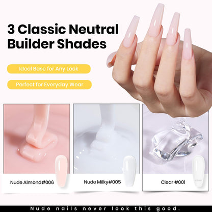 Beetles Builder Gel for Nails-3 Colors 9 in 1 Nail Extension Sculpting Building Clear Nude Pink Hard Gel Kit with Base Top Coat for Pros Women,UV & LED Lamp Cured Needed