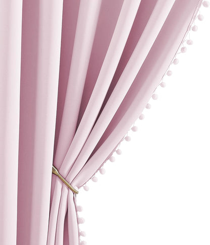 52" 84" 2 NICETOWN Pom Pom Blackout Curtains for Girls Bedroom Boho Pink Window Curtains for Nursery Rod Pocket Thermal