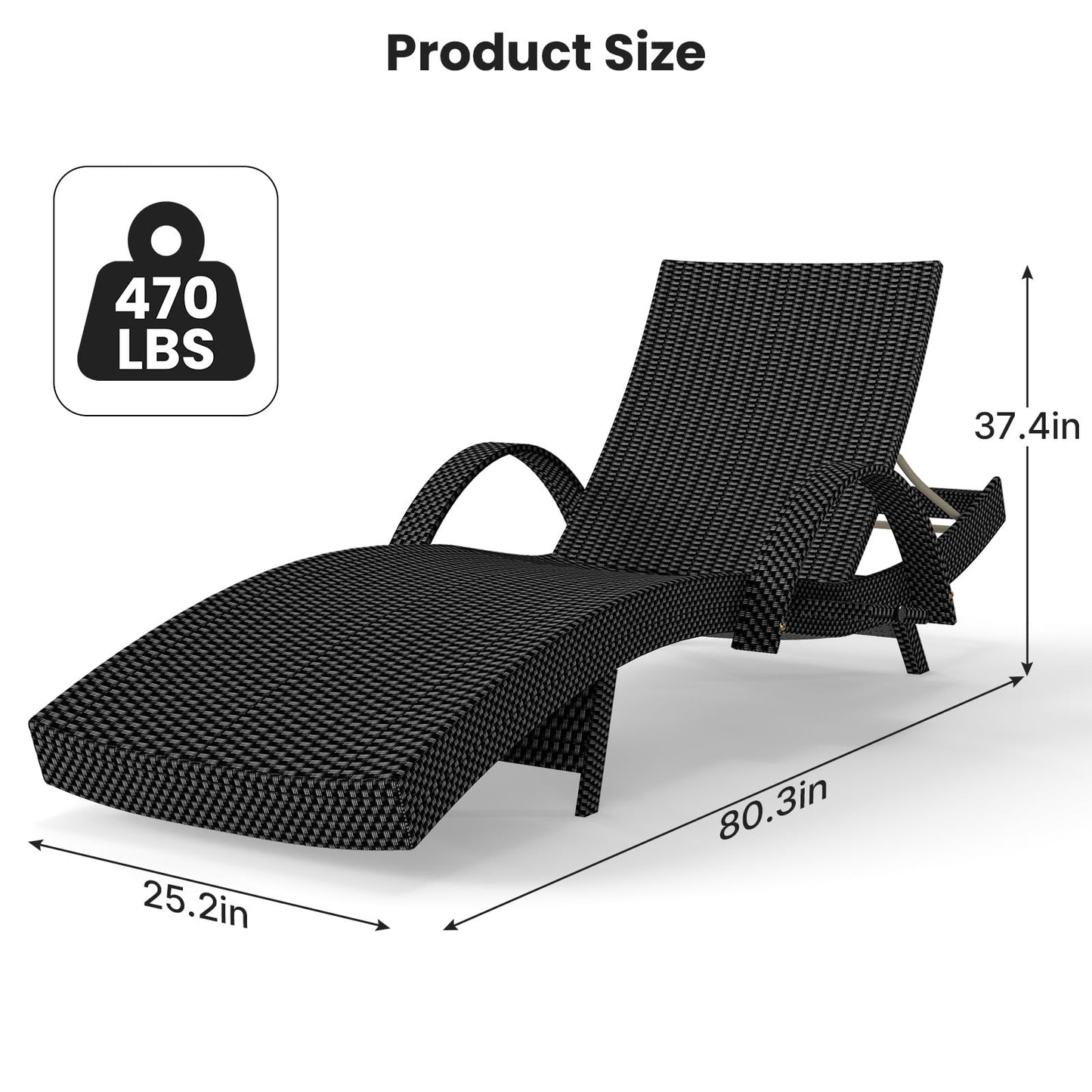 Rovibek 80'' Outdoor Wicker Chaise Lounge Chairs Set of 2, Pool Lounge Chairs with Pull-Out Side Table, Pool Lounge Chairs with Adjustable Recliners, All-Weather Design for Poolside Sunbathing, Black
