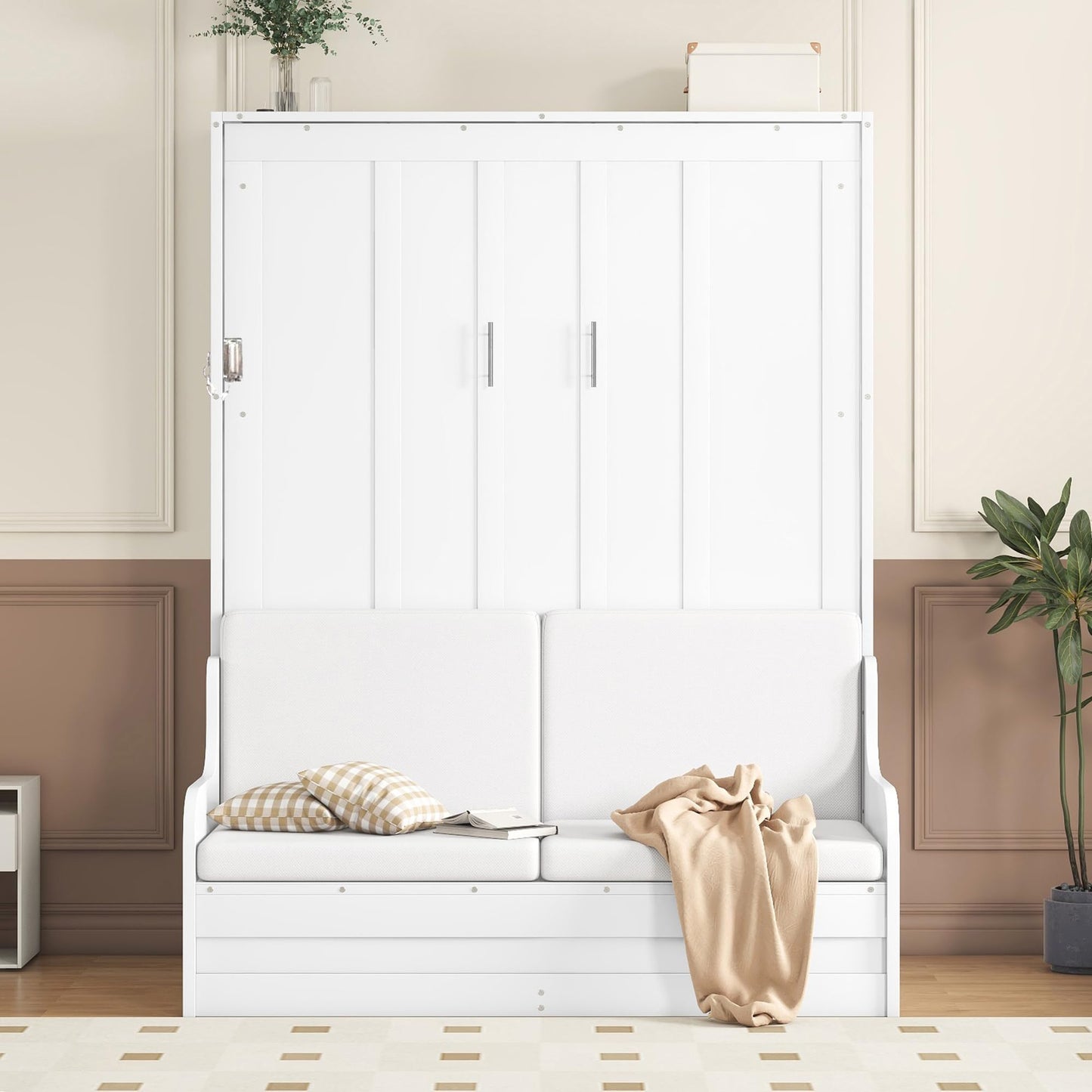 Merax Queen Size Murphy Bed Frame, Modern Wall Bed Can Be Folded into Cabinet, Chair with Cushion, White