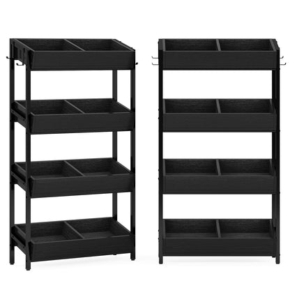 Tribesigns Wood Fruit and Vegetable Basket Stand Rack for Kitchen, Office, Store, Supremarket, Pantry Shelf Unit for Snacks, 4-Tier Wooden Utility Storage Shelves Set of 2 (Black)