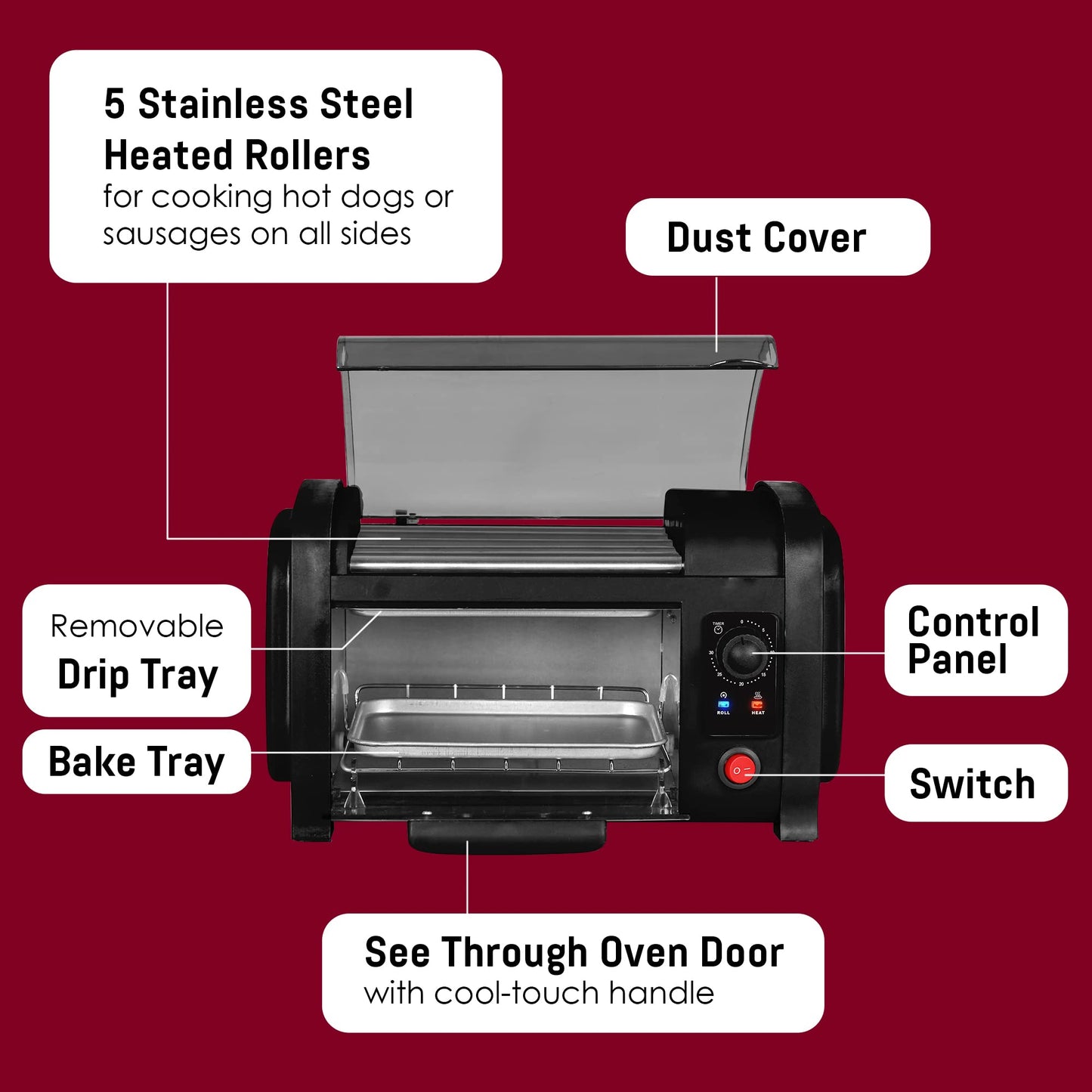 Elite Gourmet EHD-051BX Hot Dog Toaster Oven, 30-Min Timer, Stainless Steel Heat Rollers Bake & Crumb Tray, World Series Baseball, 4 Bun Capacity, Black