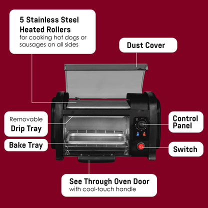 Elite Gourmet EHD-051BX Hot Dog Toaster Oven, 30-Min Timer, Stainless Steel Heat Rollers Bake & Crumb Tray, World Series Baseball, 4 Bun Capacity, Black