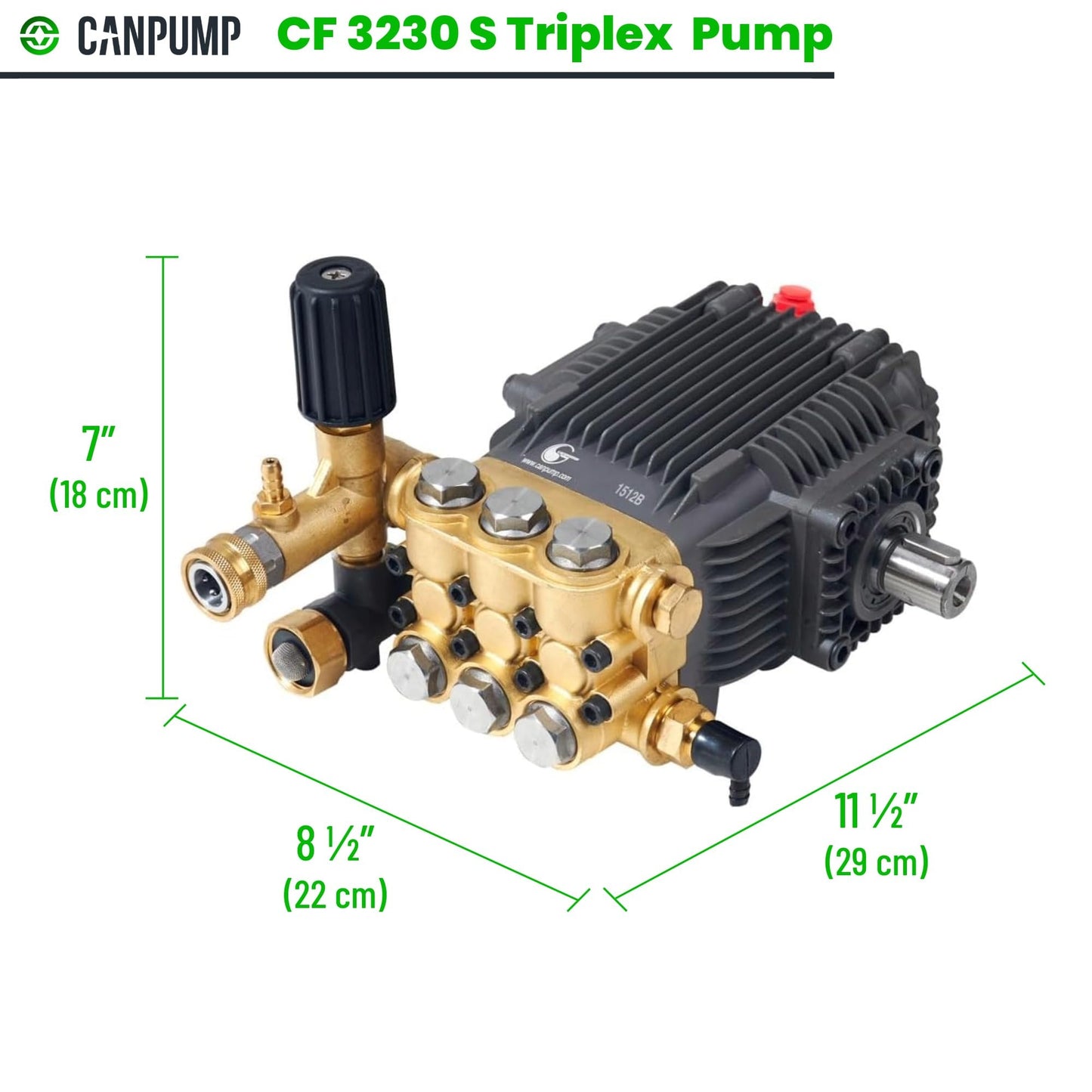 Canpump CF 3230 S: 3200 psi @ 2.9 US gpm Belt-Drive Pressure Washer Pump with External Unloader, 24 mm Solid Shaft, Max 1725 RPM, Horizontal Triplex Pump