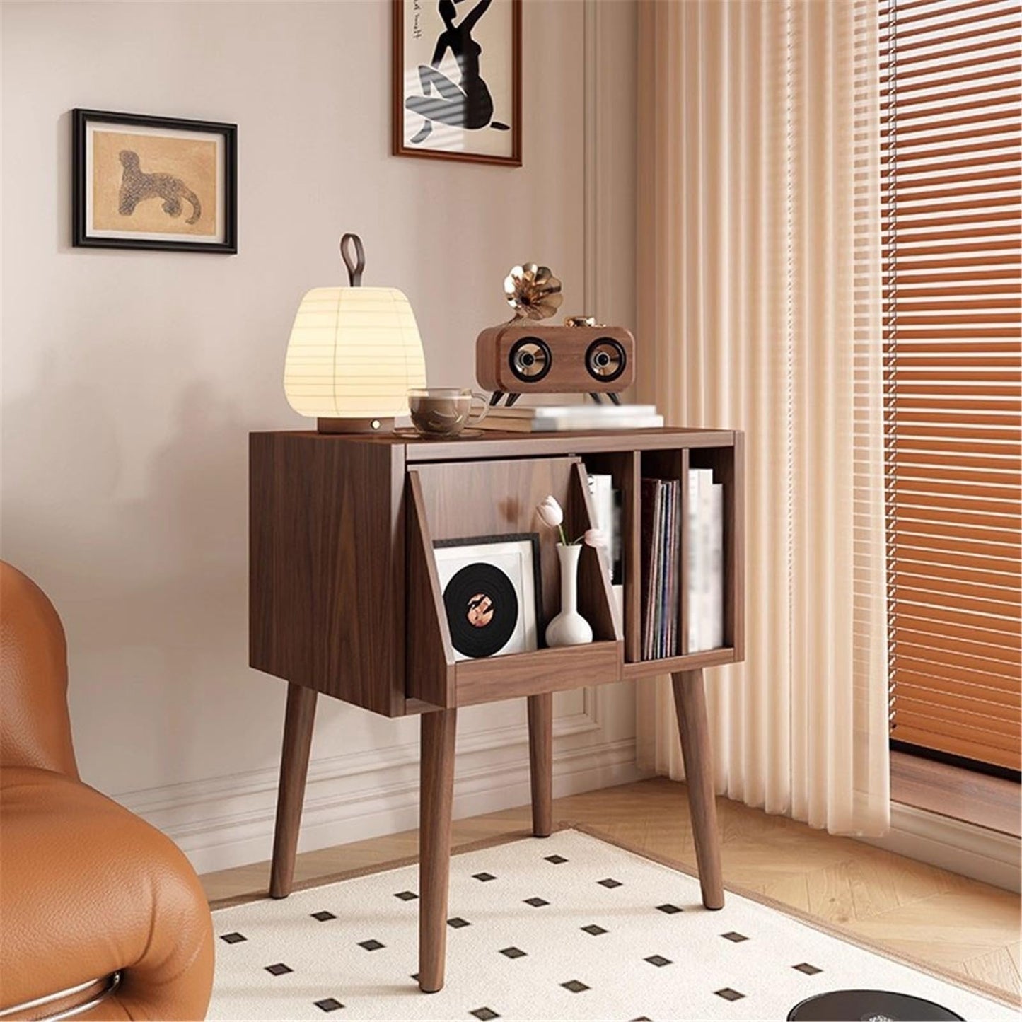 YUHUAWF Vinyl Record Holder Retro CD Display Cabinet with Concealed Drawer Wooden Vinyl Record Storage Shelf CD Holder(Walnut colour)