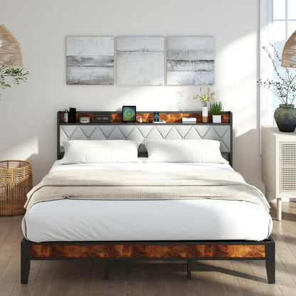 UOCFYK Queen Bed Frame, Platform Bed Frame with Storage Headboard with Charging Station, All Sturdy Metal Support, No Box Spring Needed, Easily Assemble, Grey + Brown