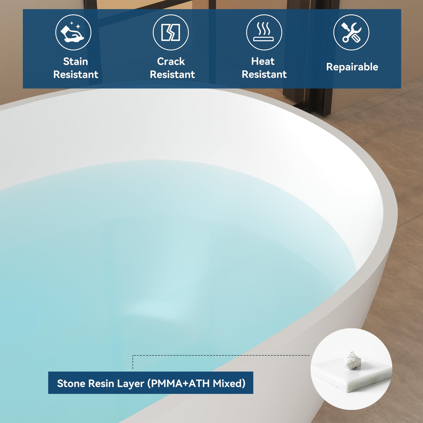 FerdY Fiji 69" Stone Resin Freestanding Bathtub, Classic Oval Shape Soaking Bathtub, Solid Surface Soaking Tub, cUPC Certified, Integrated Slotted Overflow and Matte White Pop-up Drain
