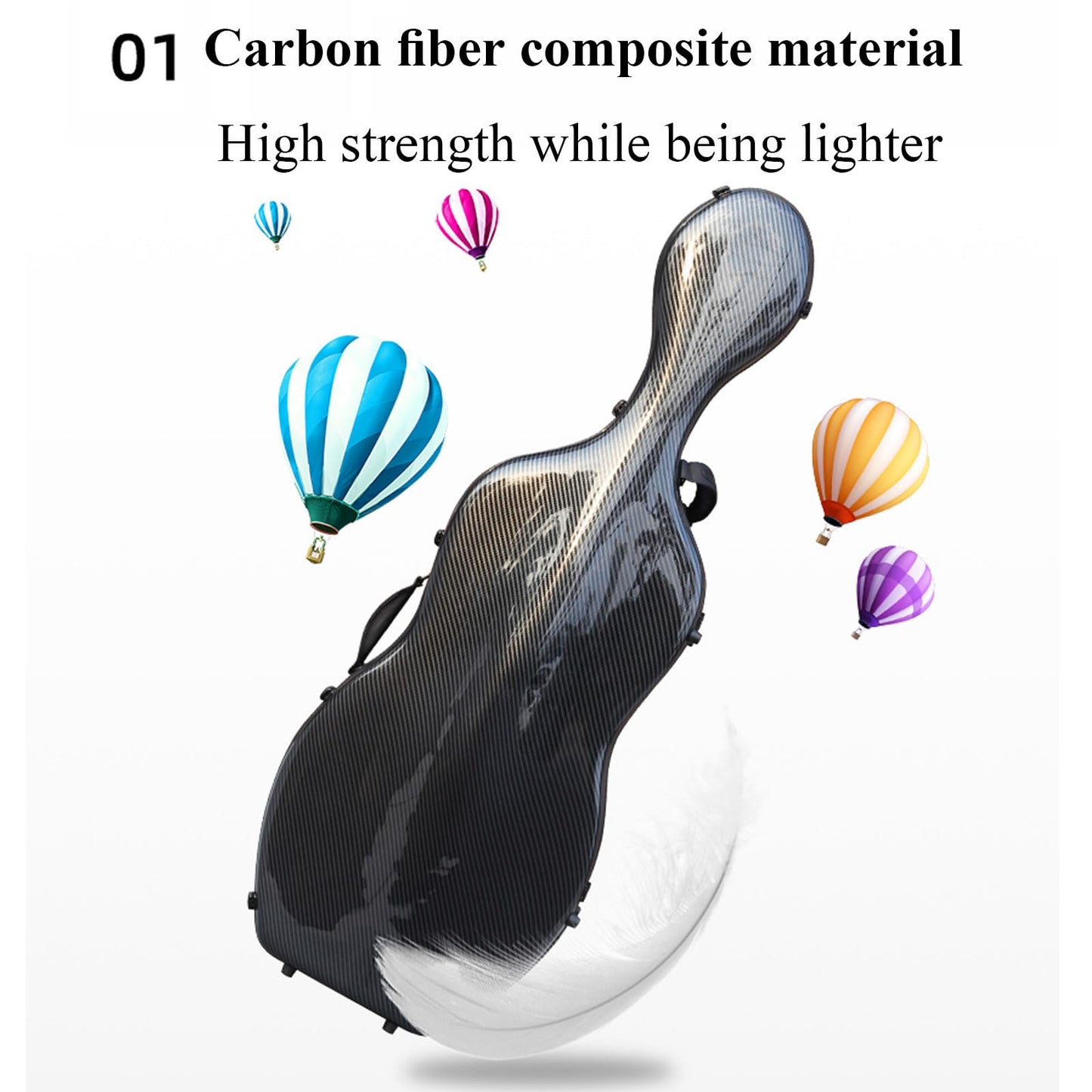 ZerHoc 4/4 Full Size Cello Case, Carbon Fiber Composite Sturdy, Portable and Waterproof Cello Box with Handle, Back Straps and Wheels(Color:Black)