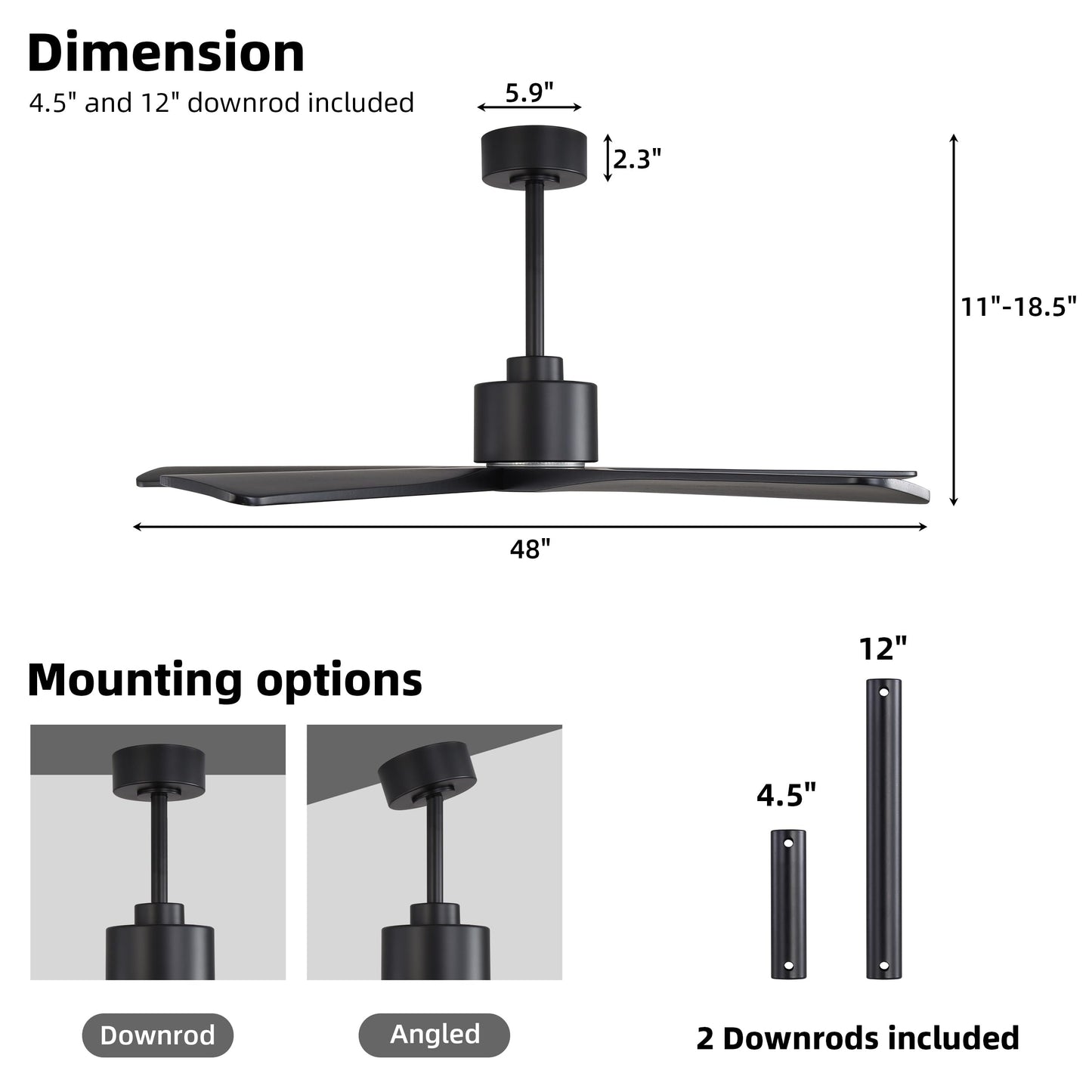 WINGBO 48" DC Ceiling Fan No Light - 5 Carved Solid Wood Blades, 6-Speed Reversible DC Motor, Ceiling Fan without Lights for Living Room Bedroom Kitchen Patio, Indoor and Outdoor, Matte Black