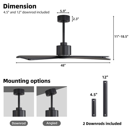 WINGBO 48" DC Ceiling Fan No Light - 5 Carved Solid Wood Blades, 6-Speed Reversible DC Motor, Ceiling Fan without Lights for Living Room Bedroom Kitchen Patio, Indoor and Outdoor, Matte Black