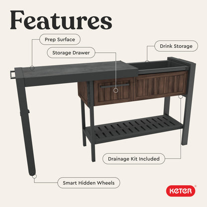 Keter Extendable Outdoor Bar Cart with Hidden Cooler, Storage Drawers & Prep Surface – Mobile Patio Serving Station with Drainage Kit & Hidden Wheels for Backyard, Garden & Poolside Entertaining