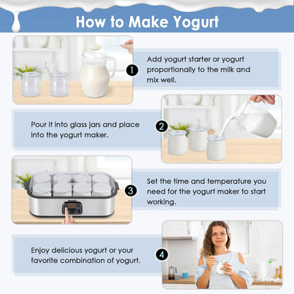 Yogurt Maker Automatic Digital Yoghurt Maker Machine with 8 Glass Jars 48 Ozs (6Oz Each Jar) LCD Display with Constant Temperature Control Stainless Steel Design for Home Use