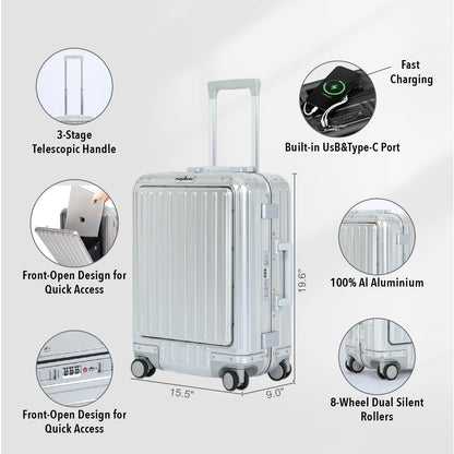 Magallanes 20 Inch All Aluminum Carry On Luggage with Front Laptop Pocket - Zipperless Hard Shell Suitcase for Business Travel, TSA Approved, Silent Spinner Wheels, USB Charging Port, Silver