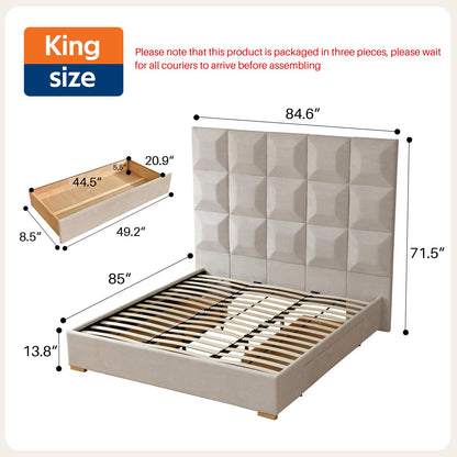 YUHUASHI King Size Bed Frame with 71.5-inch high headboard with Oversized Storage Drawers, Wood Slat Supports, no Springs Required (Beige, King (U.S. Standard))