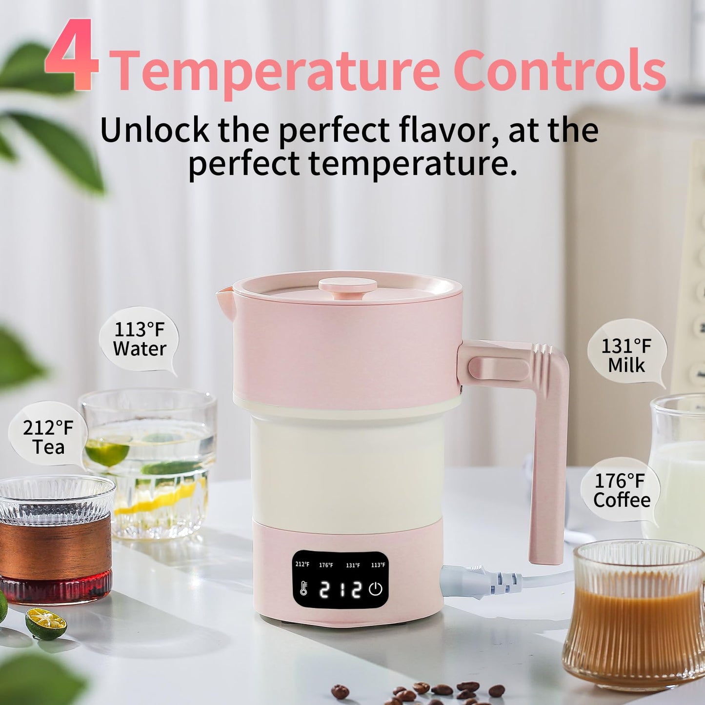 UPEZAN Travel Electric Kettle-Collapsible Portable Electric Kettle, 600W Foldable Small Water Boiler with 4-Temp Presets, Food Grade Silicone for Hotel, Office, Camping (Pink, 600mL)