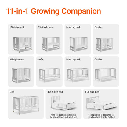 MAMAZING EvoNest Baby Crib, 11 in 1 Convertible Crib with Wheels, 100% New Zealand Wood Growing Bed, Full Size Crib for Baby, 4 Adjustable Mattress Height, White