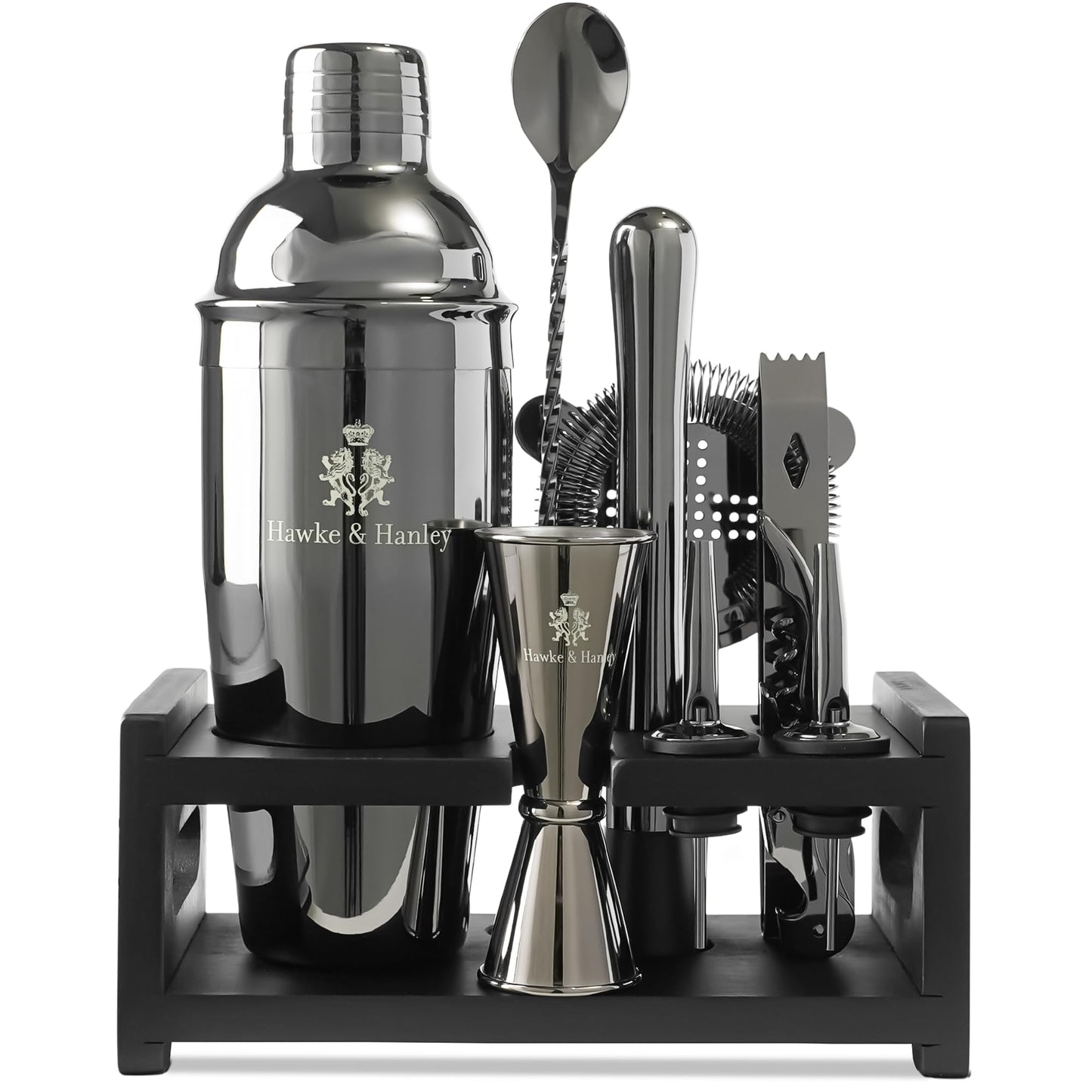 Hawke & Hanley Mixology Bartender Kit: Cocktail Shaker Bar Set with a Martini Shaker, Bar Tools and Black Bamboo Stand | Bartending Kit with Recipe Book | Unique Housewarming Gift (Black)