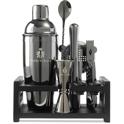 Hawke & Hanley Mixology Bartender Kit: Cocktail Shaker Bar Set with a Martini Shaker, Bar Tools and Black Bamboo Stand | Bartending Kit with Recipe Book | Unique Housewarming Gift (Black)