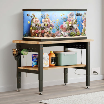 Albott 48" Adjustable 2-Tier Workbench with Solid Wood Top, Max 2500lbs Capacity, Built-in Power Strip with 4 AC Outlets & 2 USB Ports, Pegboard & 20 Hooks, Shop Garage Office