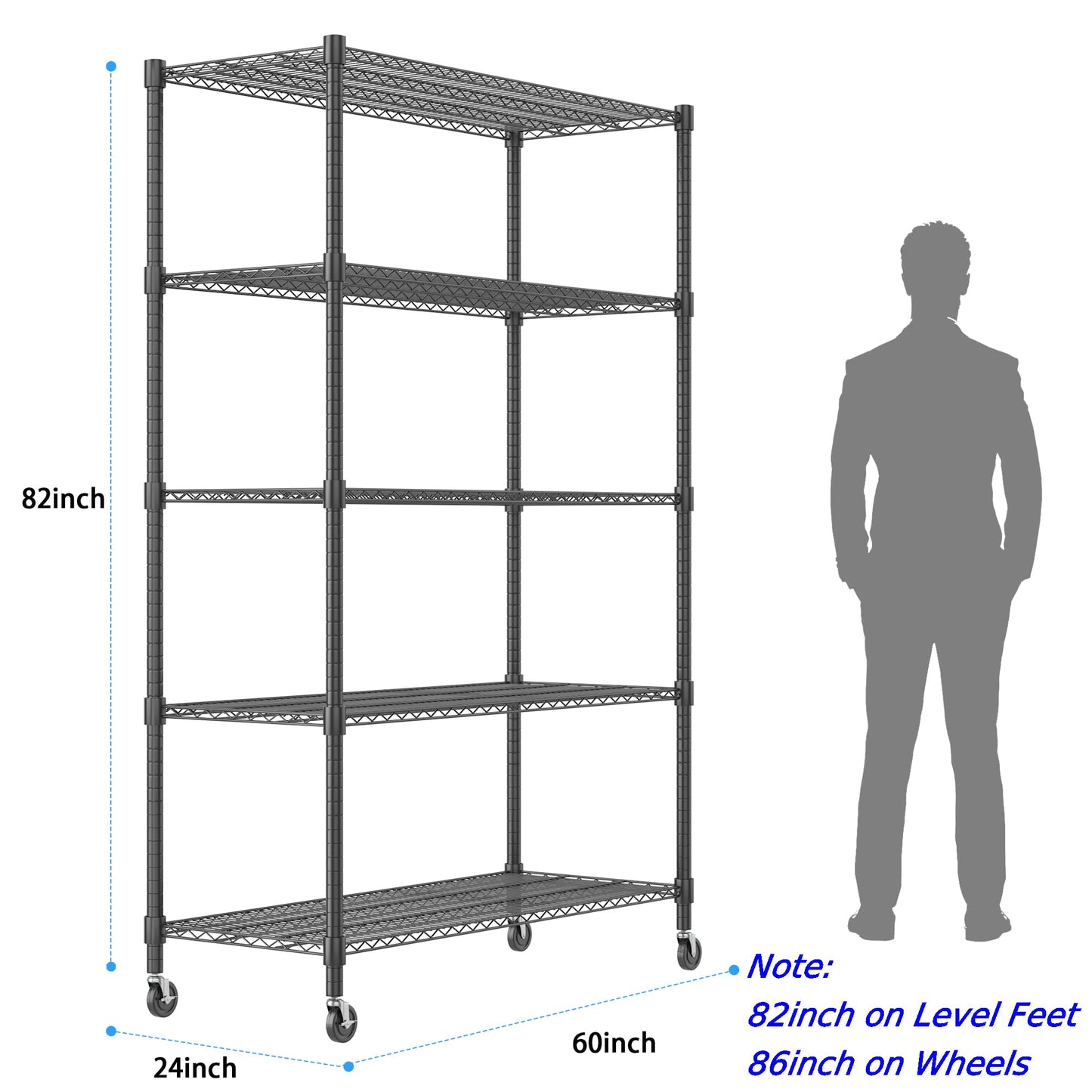 Homdox Heavy Duty Storage Shelves, 5 Tier Wire Shelving Unit with Wheels, Commercial Adjustable Metal Shelves for Storage, Garage Rack Pantry Shelves Kitchen Shelving, 24"x60"x82", Black