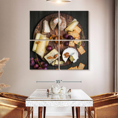ElephantStock - Cheese Charcuterie Board Wall Art - Square Multi Panel Canvas - 4 Piece Dining Room Wall Decor - Photography Food And Drink Multi Piece Wall Art - Gray And Brown Decor - 45" x 45"