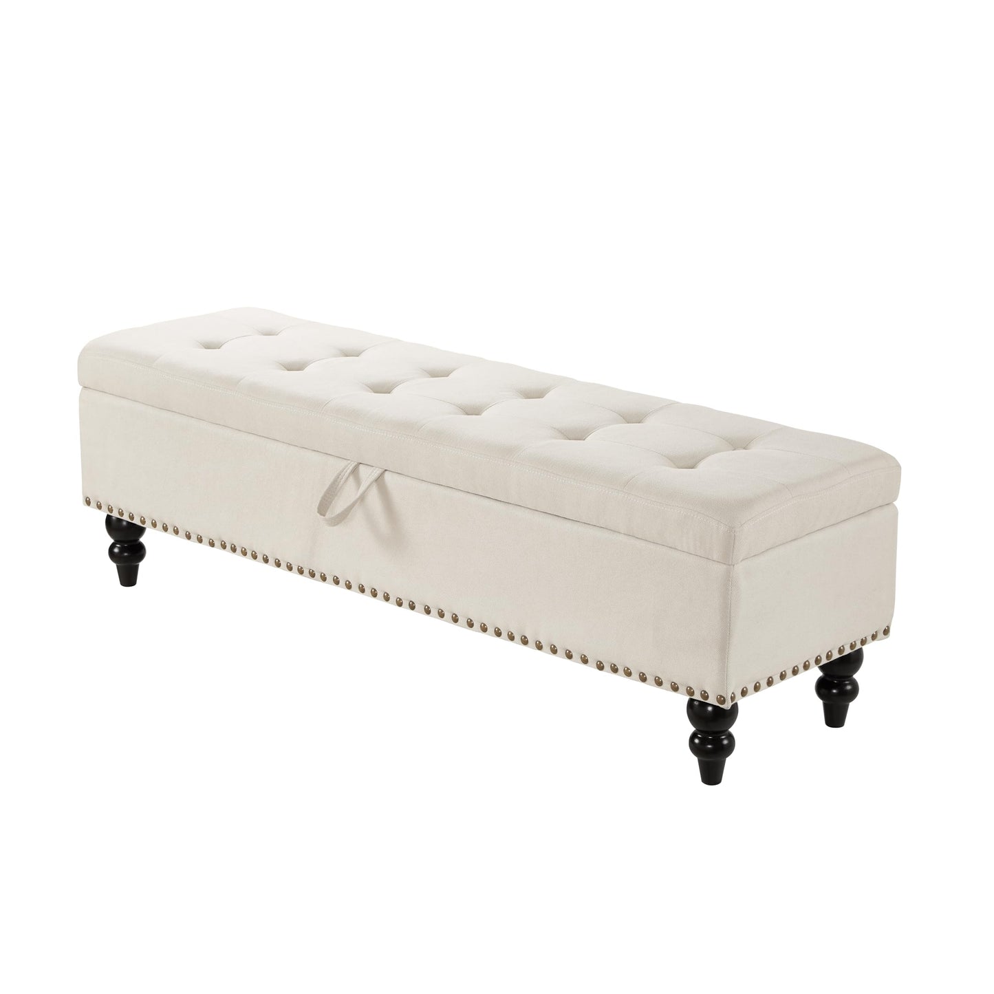 GDFStudio 59" Mid-Century Modern Rectangle Storage Ottoman Bench, Button Tufted Lift-Top Linen Ottoman Foot Rest with Solid Legs and Nailhead Trim, Upholstered Oversized Pouf for Living Room, Beige
