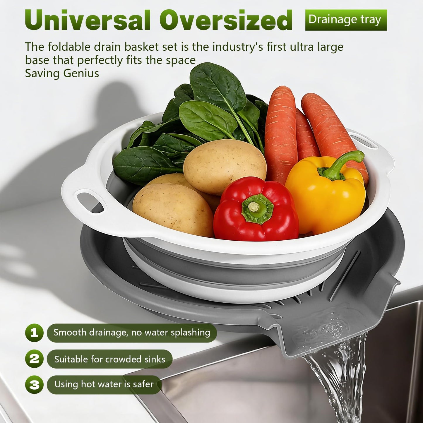 Collapsible Colander Set & Food Strainer for Kitchen, 4 in 1 Kitchen Gadget Strainer with Draining Tray for Pasta Noodle Fruit & Vegetable, 1 Pack