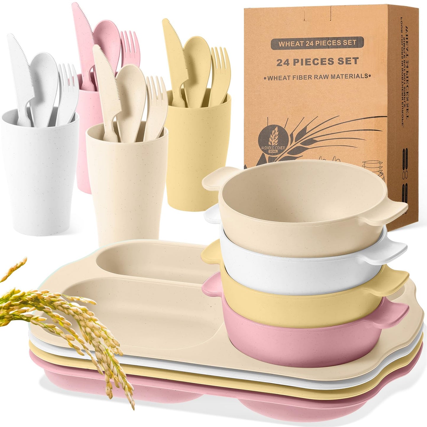 24 Pcs Wheat Straw Dinnerware Cutlery Set for Adult Including Divided Plates Microwave Dishwasher Safe Bowl Unbreakable Tableware Straw Cutlery Spoon Knife Fork(Light Color)