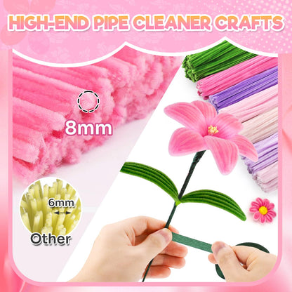 Pipe Cleaners Craft Flowers Kit 791 Pcs, 400 Pcs 7 Colors 8mm Fuzzy Pipe Cleaners Bulk (Tulips/ Lilies), 360 Pcs Stamen, Chenille Stems for DIY Flower Making Kit Crafts, Floral Stems & Tape & Ribbon