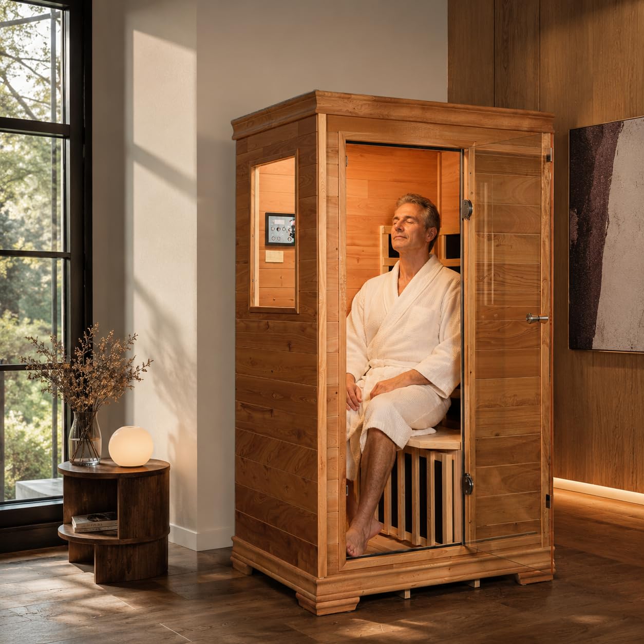 Far Infrared Sauna Room for 1 Person, Power 960W/120V with Elevated Base, 6 Heating Panels, Built-in Speakers, Tea Tray, Control Panel, 35 * 27 * 61 Inch
