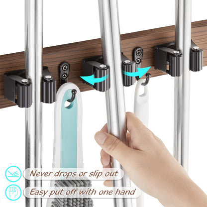 OUTNILI Mop and Broom Holder Wall Mount - Wood Broom Mop Hanger - Wall Mounted Garden Tool Rack Organizer for Closet Garage Laundry Room, Rustic Kitchen Decor With 4 Slots & 4 Hooks