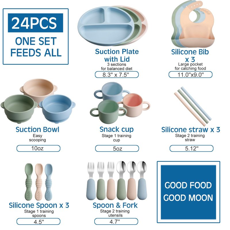 24 Pack Silicone Baby Feeding Set Baby LED Weaning Supplies Includes Suction Divided Plates Soft Bowl Spoons Forks Adjustable Bib Snack Cup and Straws(Gray Blue, Army Green, Beige)