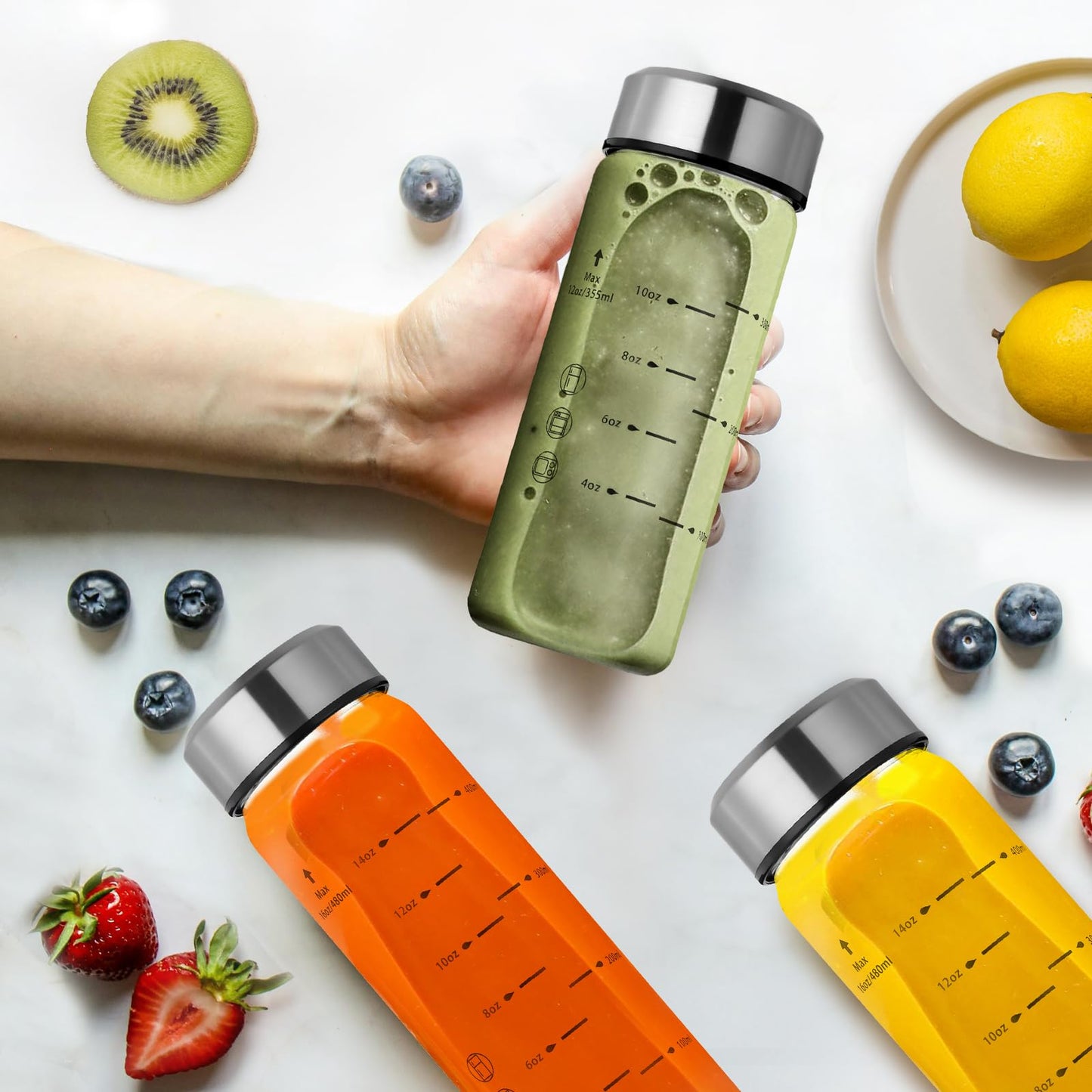 Olivego 16oz Juice Bottles - 4 Pack Wide Mouth Glass Bottles with Lids- BPA Free, Stainless Steel Lids for Juicing, Smoothies, Infused Water, Beverage Storage - Leakproof, Borosilicate, Clear