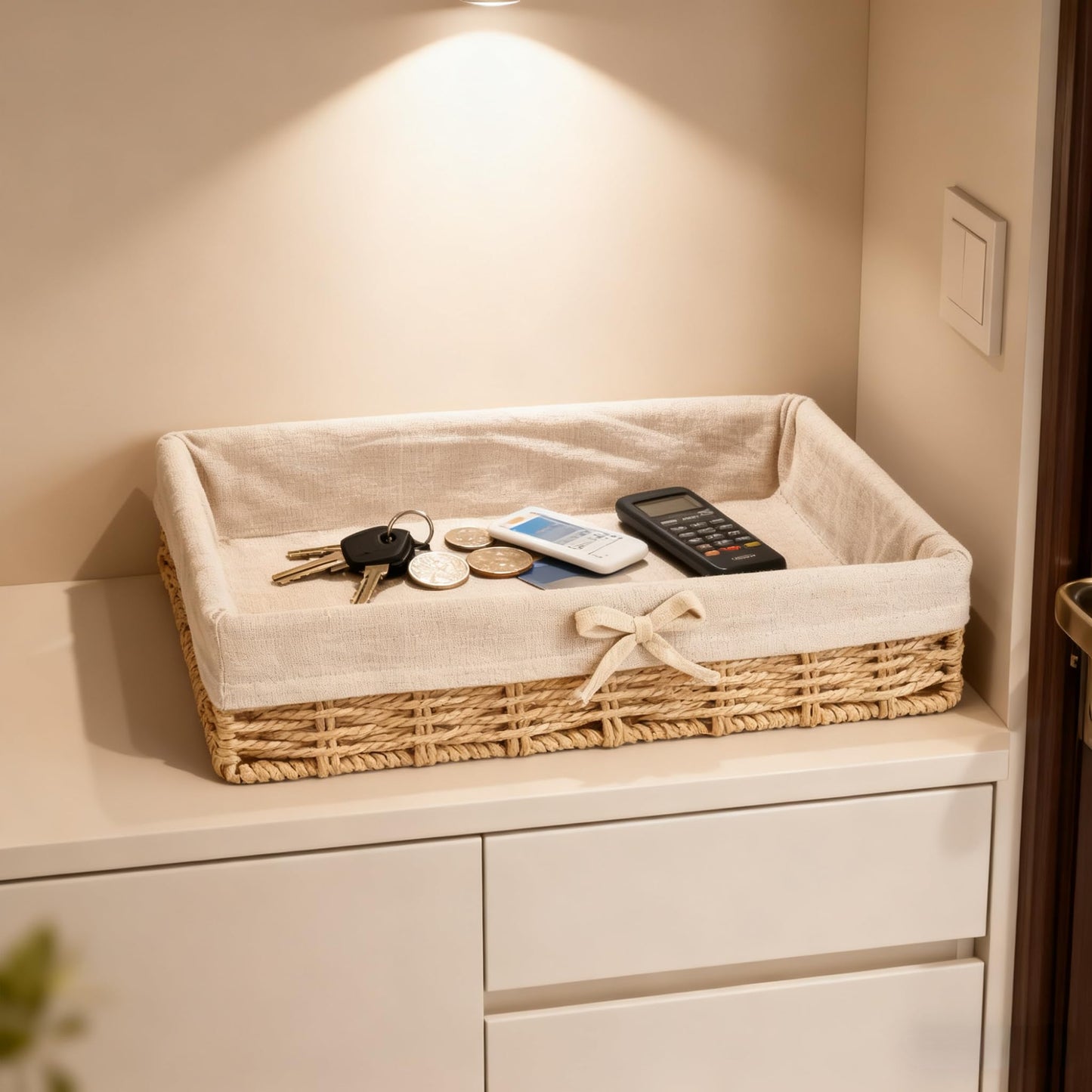 Shallow Storage Baskets for Shelves, Set of 4 Lined Wicker Baskets for Organizing, Khaki Paper Rope Shelf Storage Bins for Pantry, Closet, Bathroom