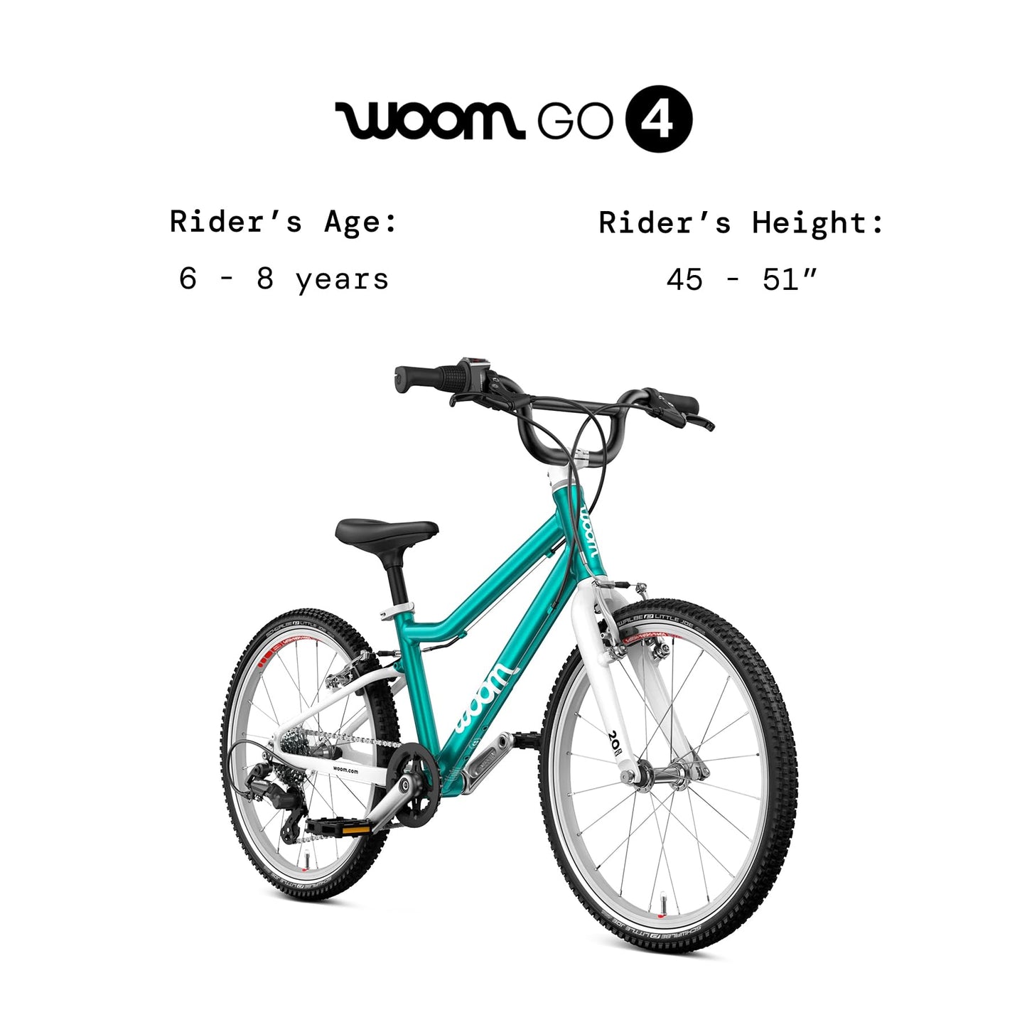 woom GO 4 Bicycle for Kids 6 to 8 Years Old, 20-Inch Lightweight 7-Speed Bike for Beginner Riders with Handbrake for Boys & Girls - Metallic Turquoise