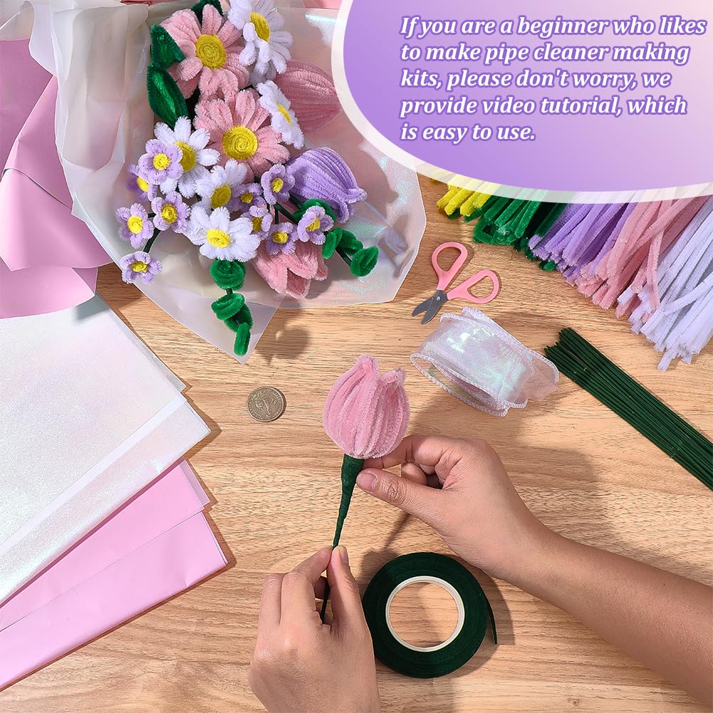SUNNYCLUE 160Pcs Pipe Cleaners Craft Pipe Cleaner Flower Kit with Video Tutorial Flowers Floral Bouquet Making Supplies Chenille Stems for DIY Art Craft Projects Creative Gift Holiday Wedding Decor