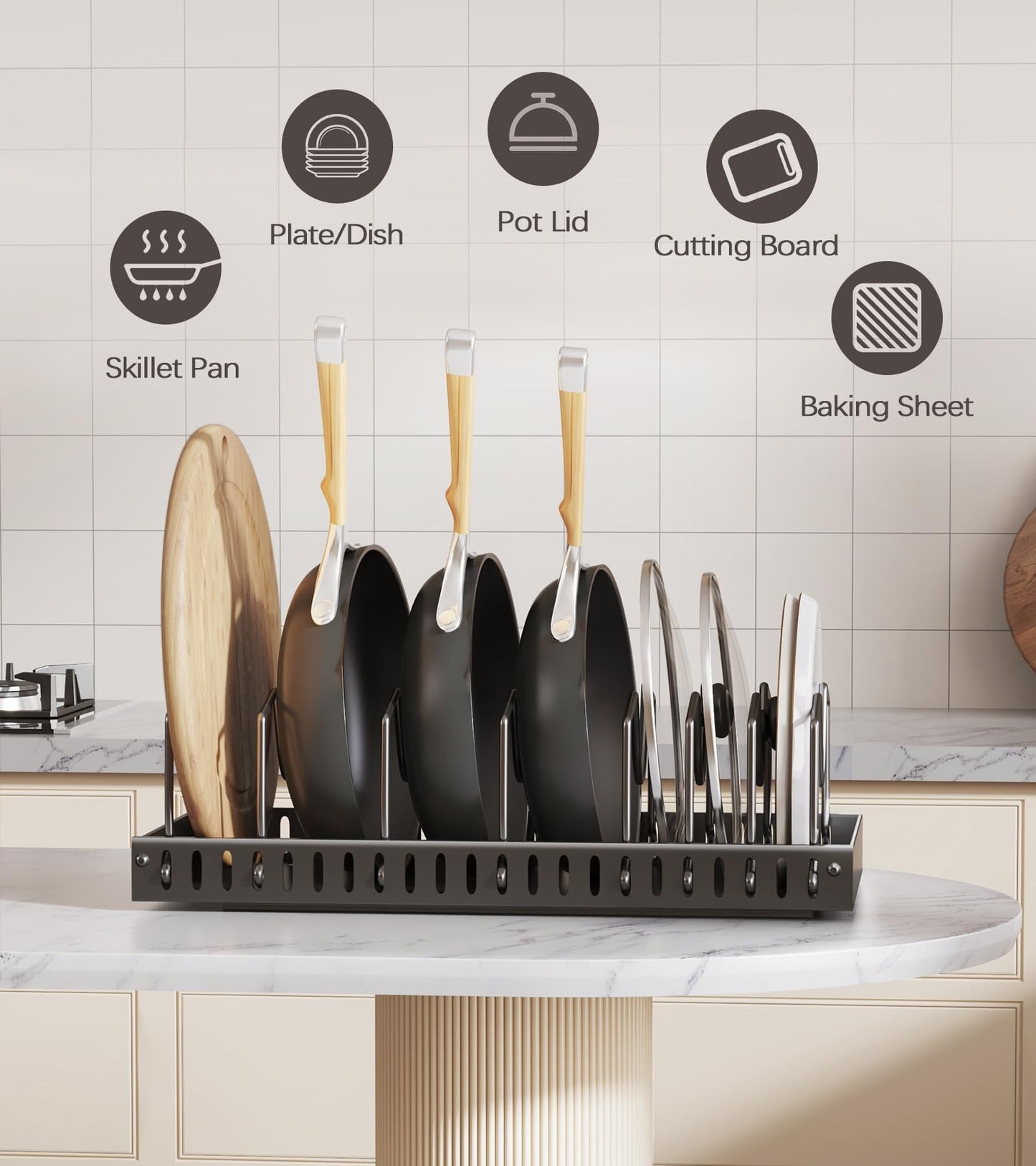 Lozovin Pull Out Pots and Pans Organizer Under Cabinet, Sliding Lid Holder and Pan Rack in Kitchen, Slide Out Inside Cabinet Storage for Pot Lid, Bakeware, Dishes, 8 Adjustable Dividers, 2 Pack Black