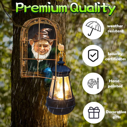 REYISO Garden Gnome Statue with Solar Lights Mom Dad Gifts Summer Decor Fairy Garden 10 in Elf Outdoor Tree Hugger Statues- Tree Face Sculpture, Yard Art for Patio,Fence,Lawn,Wall Gnomes Ornament