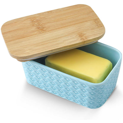 Hasense Farmhouse Butter Dish with Lid for Countertop, Butter Keeper & Holder, Butter Container for Fridge with Wooden Freshness Seal, Enhance Kitchen Decor, Holds Two Sticks of Butter, Turquoise