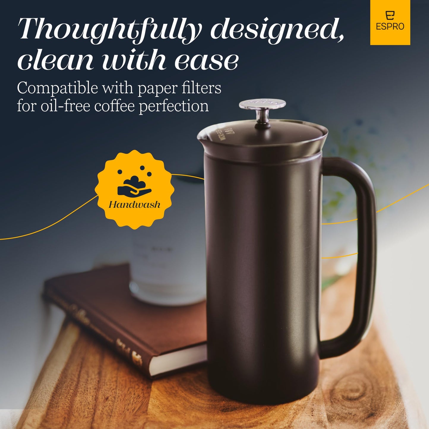 ESPRO Pro P7 French Press Stainless Steel 304 – Patented Double Walled Micro-Filter Insulated French Press Coffee Maker, Grit-Free Brew - Heat Resistant BPA Free - Matte Black (18oz)