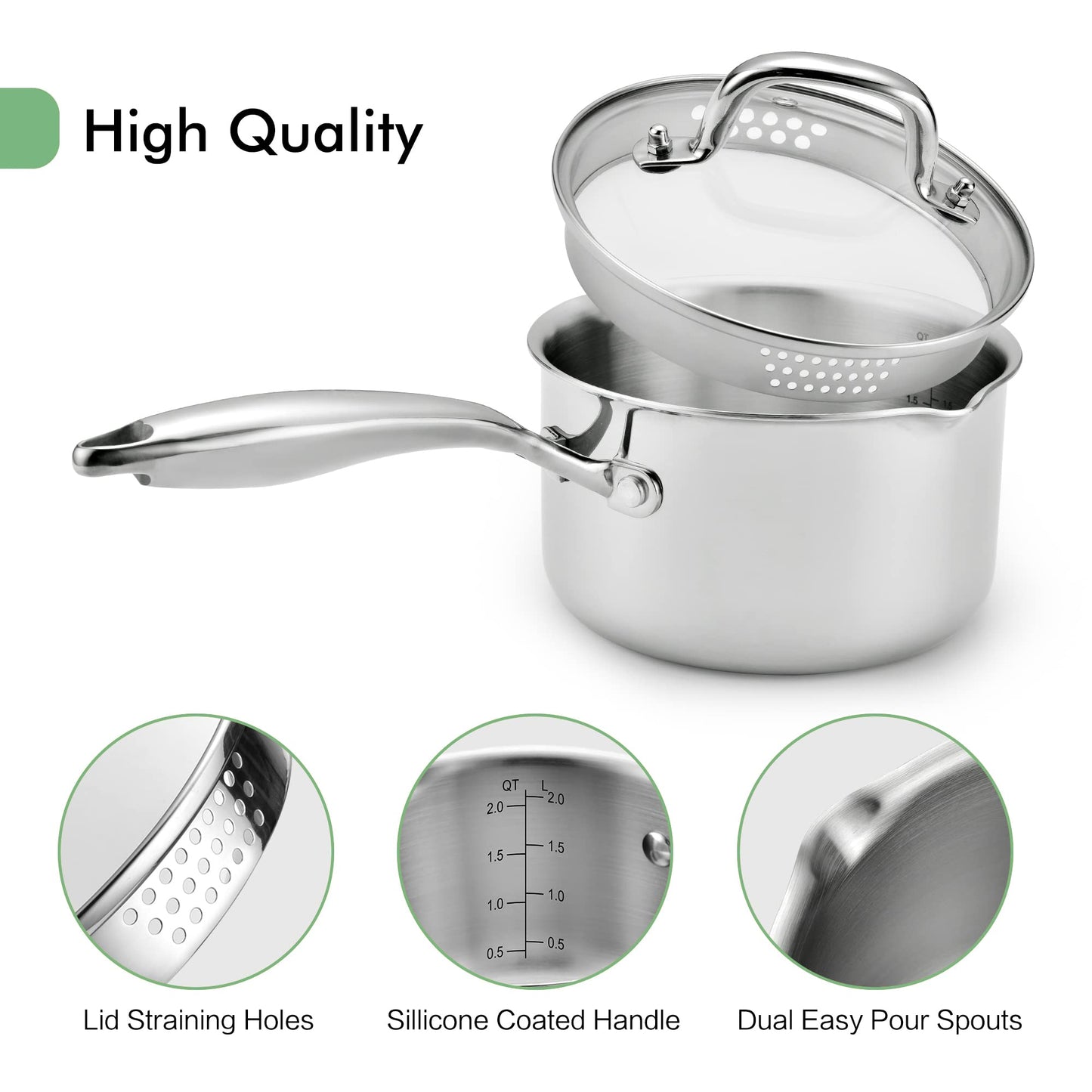 Fracoda 2.0 Quart Stainless Steel Pot Saucepan with Glass Strainer Lid, Sauce Pot with Two Side Spouts, Induction Cooking Pot, Multipurpose Sauce Pan with Lid for Cooking