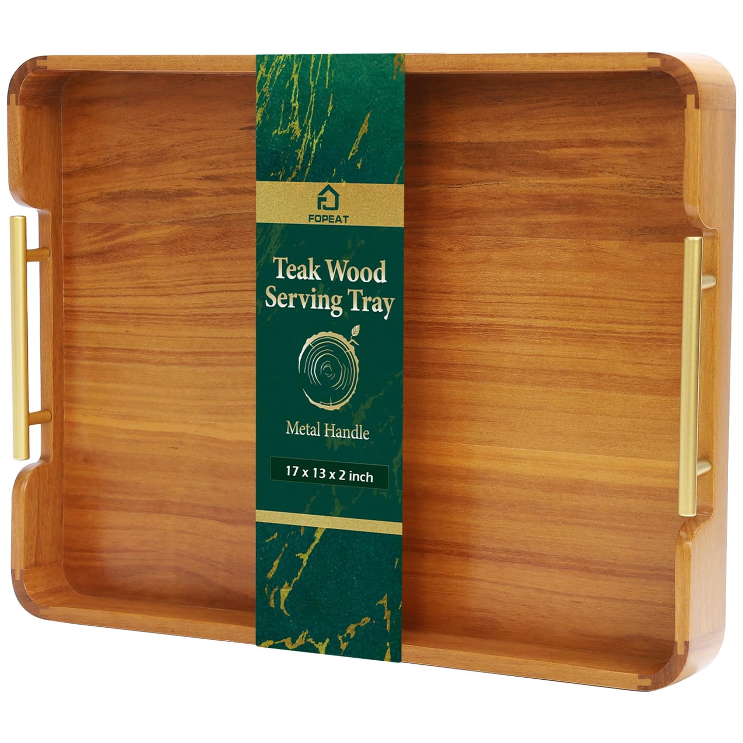 Fopeat Solid Teak Wood Serving Tray with Handles, 17"x13"x2" Rectangular Ottoman Tray for Living Room Kitchen Party, Rustic Decorative Tray for Home Coffee Table Breakfast Dinner Bar