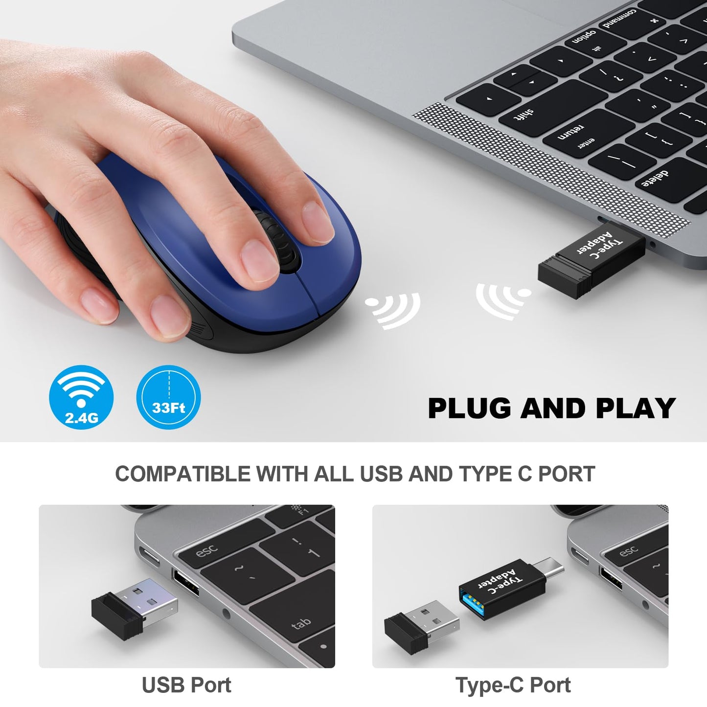 WisFox 2.4G Wireless Mouse for Laptop, Ergonomic Computer Mouse with USB Receiver and 3 Adjustable Levels, 6 Button Wireless Mice for Windows Mac PC Notebook (Grey)